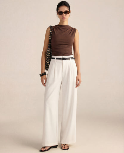 Brown Cowl Neck Ribbed Top And White Pleated Pants Set (With Belt)