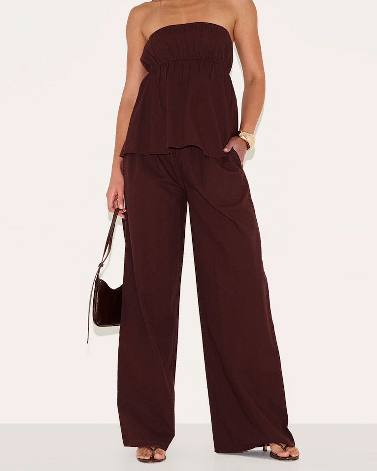 coord sets,bottomwear, topwear,casual chic, vacation, outdoor events, summer,urban fit, genz,woven,cotton,gathers,dark brown,solid,gathers,,,fit and flare fit,bandeau,waist length top,flared hem,off shoulder,no straps ,no sleeves,sleeveless,slip on,pants,wide leg pants,full length,straight hem,mid rise waist,side pockets, OY3058, 25070027GG