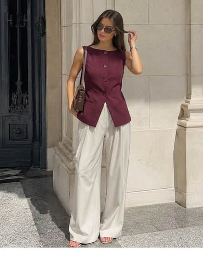 Boat Neck Slit Waist Coat - Burgundy