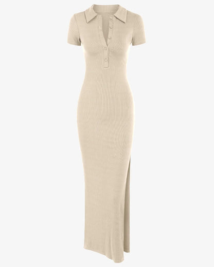 knitted-maxi-dress,BEIGE MAXI DRESS WITH SLIT,dresses,dresses,casual,streetwear,knitted, stretchable,ribbed,beige,solid,slit,skinny fit,slit,maxi,collared,short sleeves,