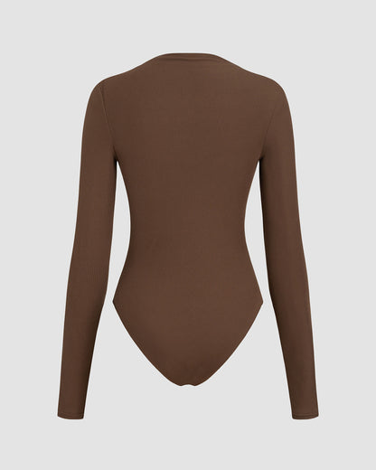 topwear,tops,casual chic, vacation,gen z, glam, summer,knitted, stretchable,ribbed,brown,solid,ruched,skinny fit,bodysuit,longline,crew neck,no straps,set in sleeves,long sleeves	25080015GG, oy1253