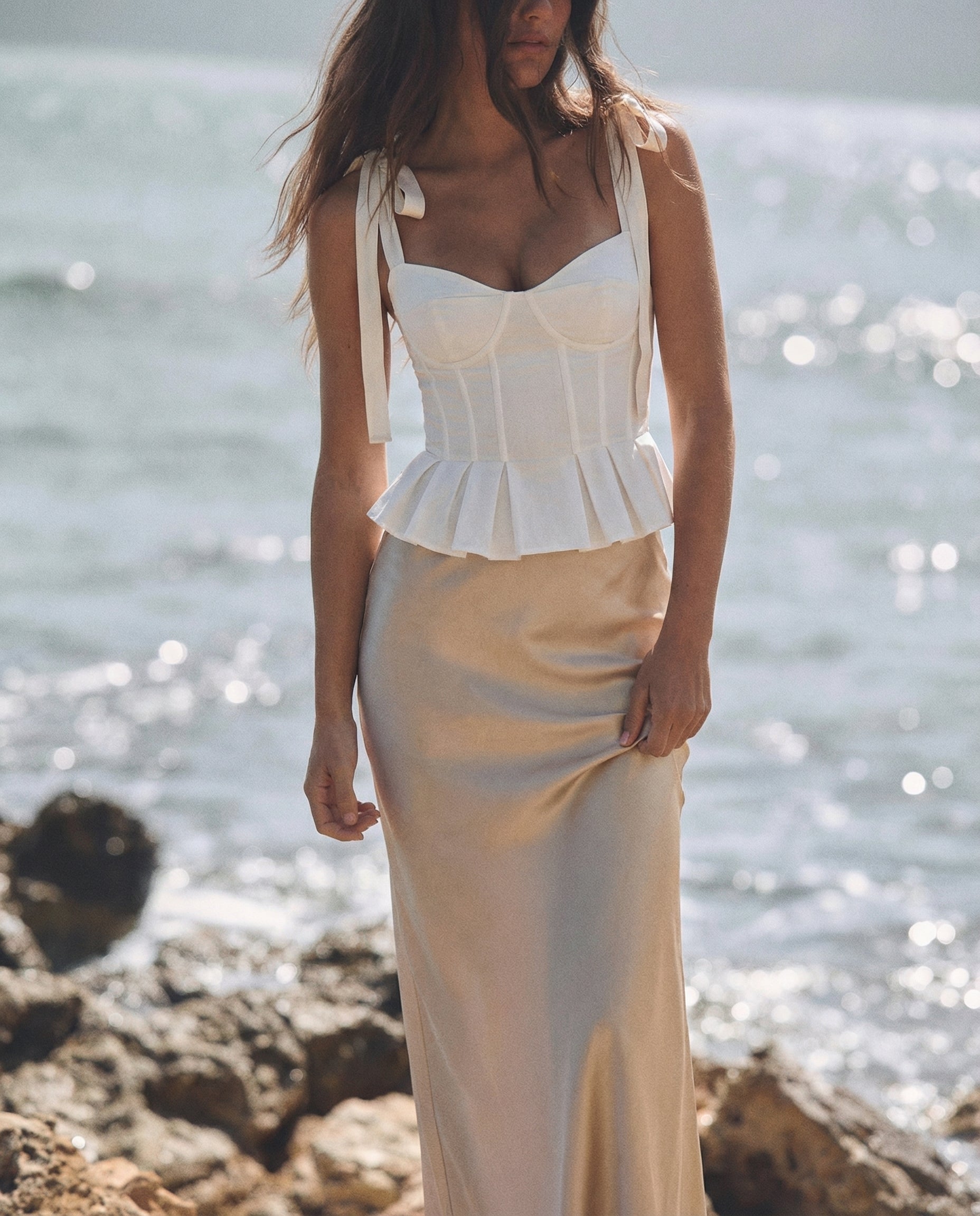 elegant fashion, golden skirt, maxi skirt, white top, summer top, vacation wear