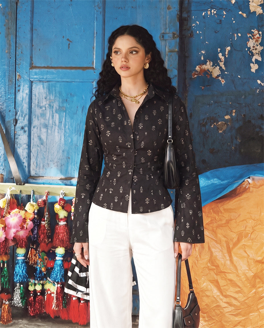 Black Block Print Bell Sleeve Top