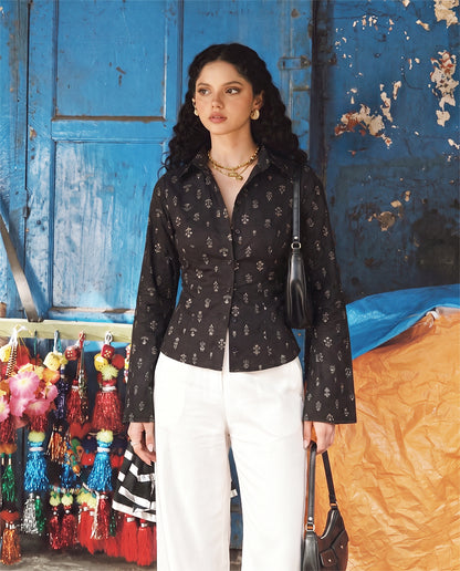 Black Block Print Bell Sleeve Top