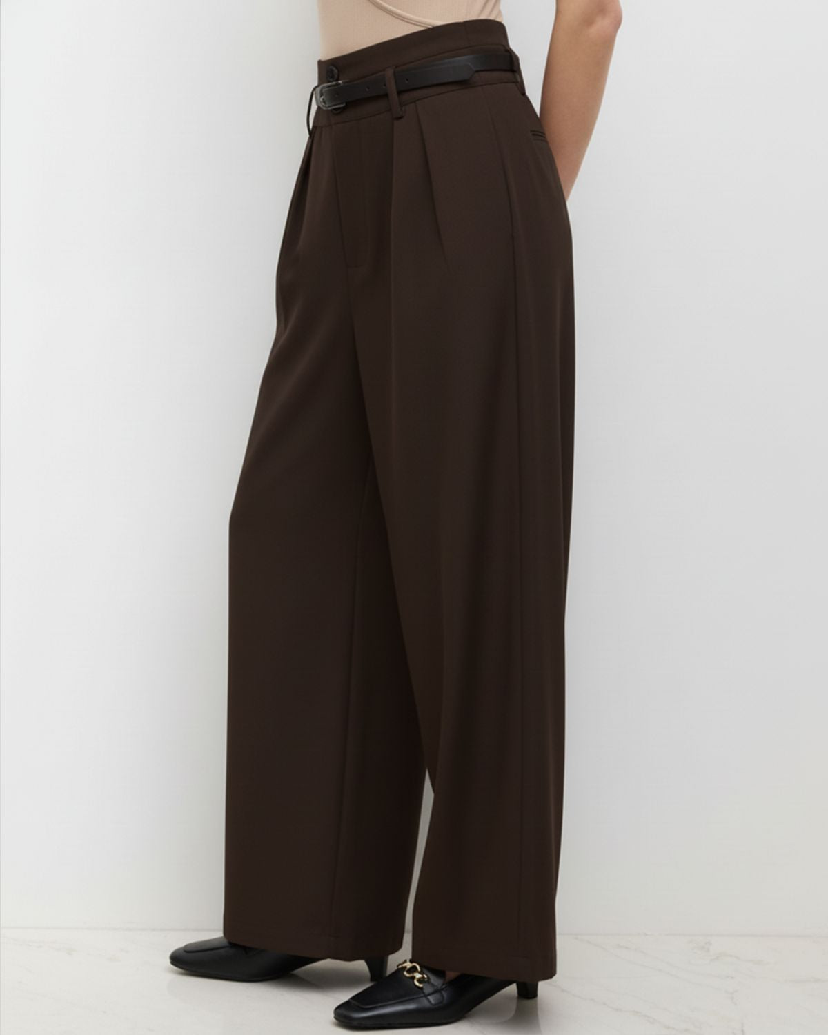 bottomwear,pants,semi-formal,business outfit,stretchable,polyester, spandex,dark brown,pleated,tailored fit,wide leg,full length,high rise, OY-959- DARK BROWN, 25090072GG