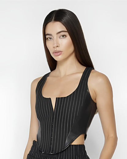 pinstripes-corset-top-black-oy1029,24110005GG52,topwear,tops,casual,bold, glam, streetwear,woven,polycotton,black,pinstripes,tailored fit,corset,regular,curved hem,scoop neck,shoulder strap,sleeveless,Color: Black
Fabric: Poly Cotton 
Fit: Tailored Fit 
Length: Regular
Neck: Scoop Neck
Print: Pinstripes
Closure: Hook & Eye
Details: The curved hem adds a modern edge to the top while accentuating the waist.,PINSTRIPES CORSET TOP