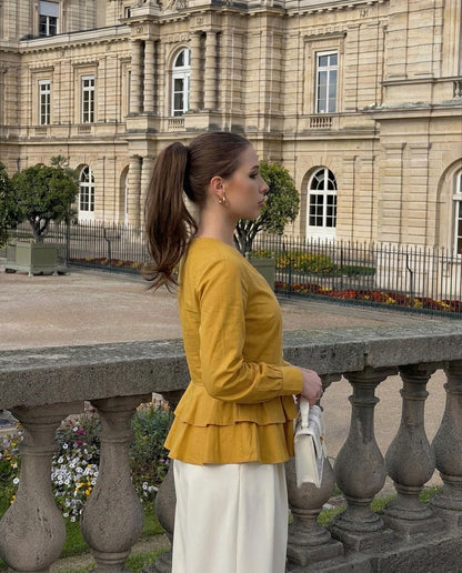 Double Layer Peplum V-Neck Top - Mustard