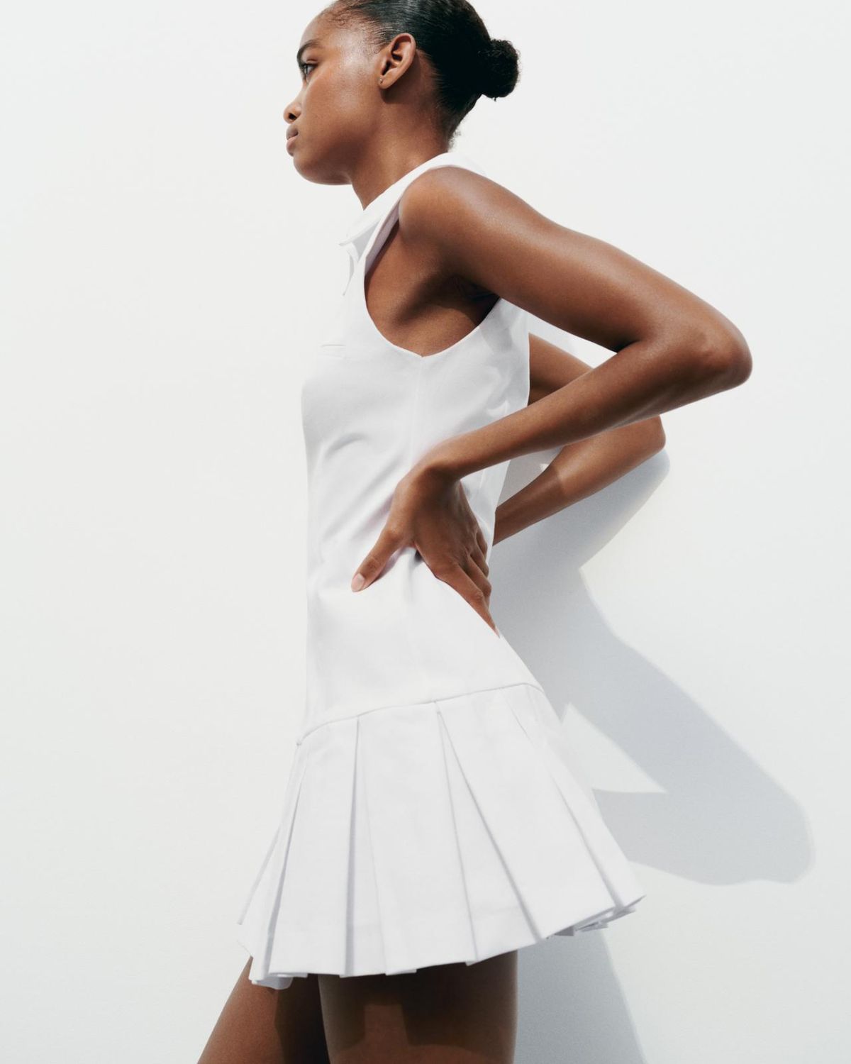 tailored-a-line-dress,TAILORED A-LINE DRESS,dresses,dresses,outdoor event,streetwear,woven,poplin,white,solid,pleated,regular fit,a line,mini,collared,sleeveless,