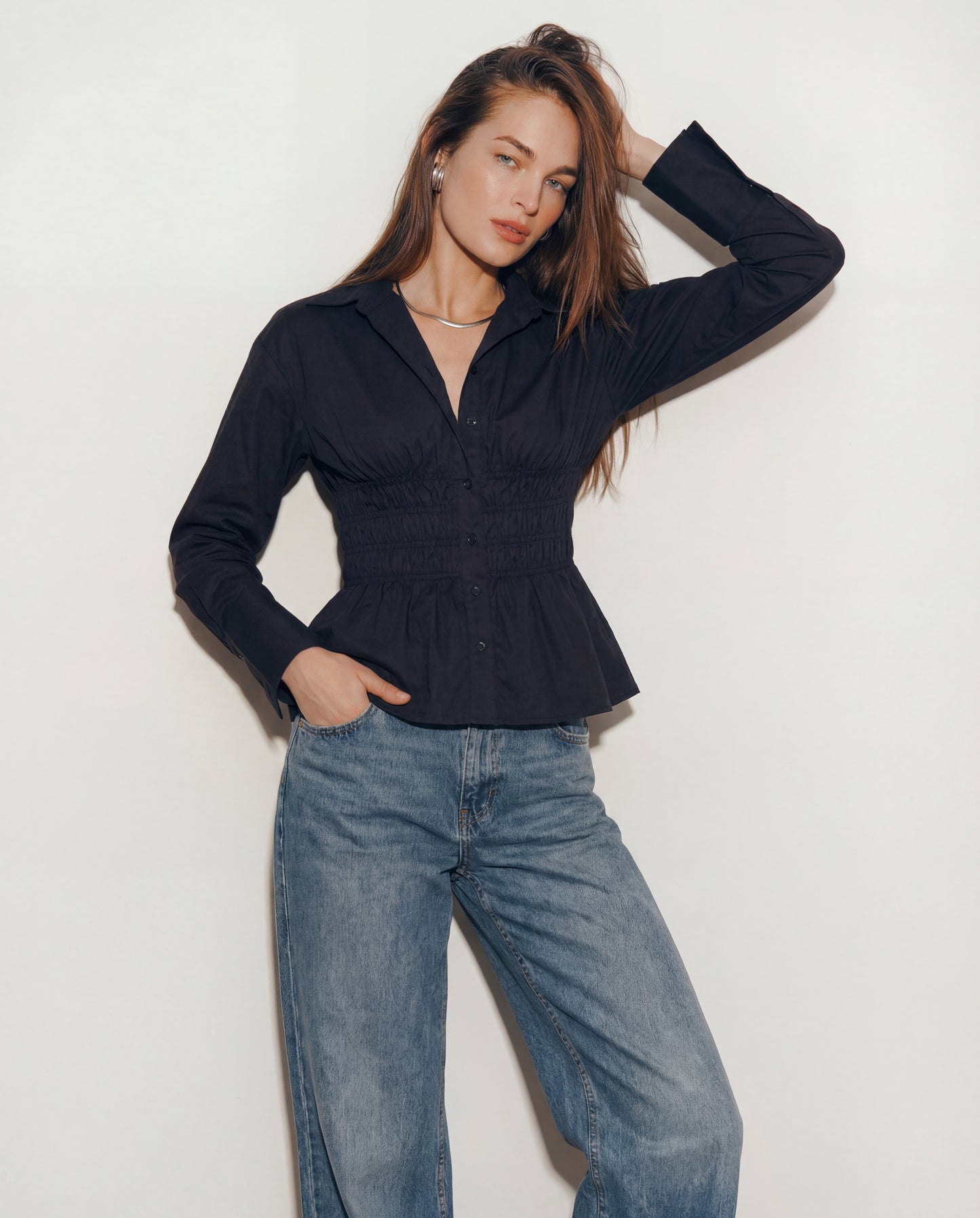 topwear,tops,casual, outdoor events,minimal, summer, streetwear,knitted,cotton,black,solid,ruched,button,slim fit,shirt,regular length,curved hem,collared,long sleeveless, OY1923, 25060028GG