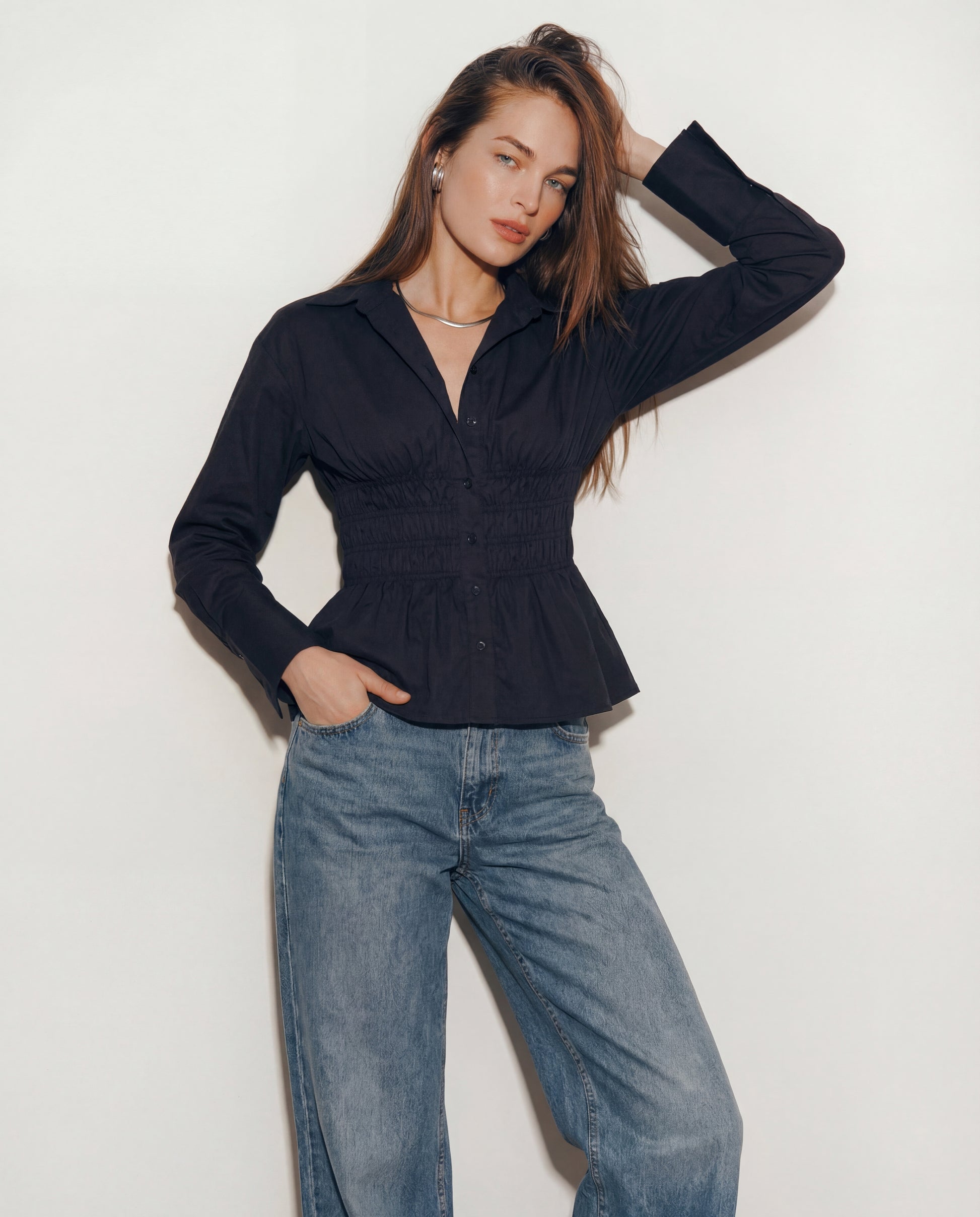 topwear,tops,casual, outdoor events,minimal, summer, streetwear,knitted,cotton,black,solid,ruched,button,slim fit,shirt,regular length,curved hem,collared,long sleeveless, OY1923, 25060028GG