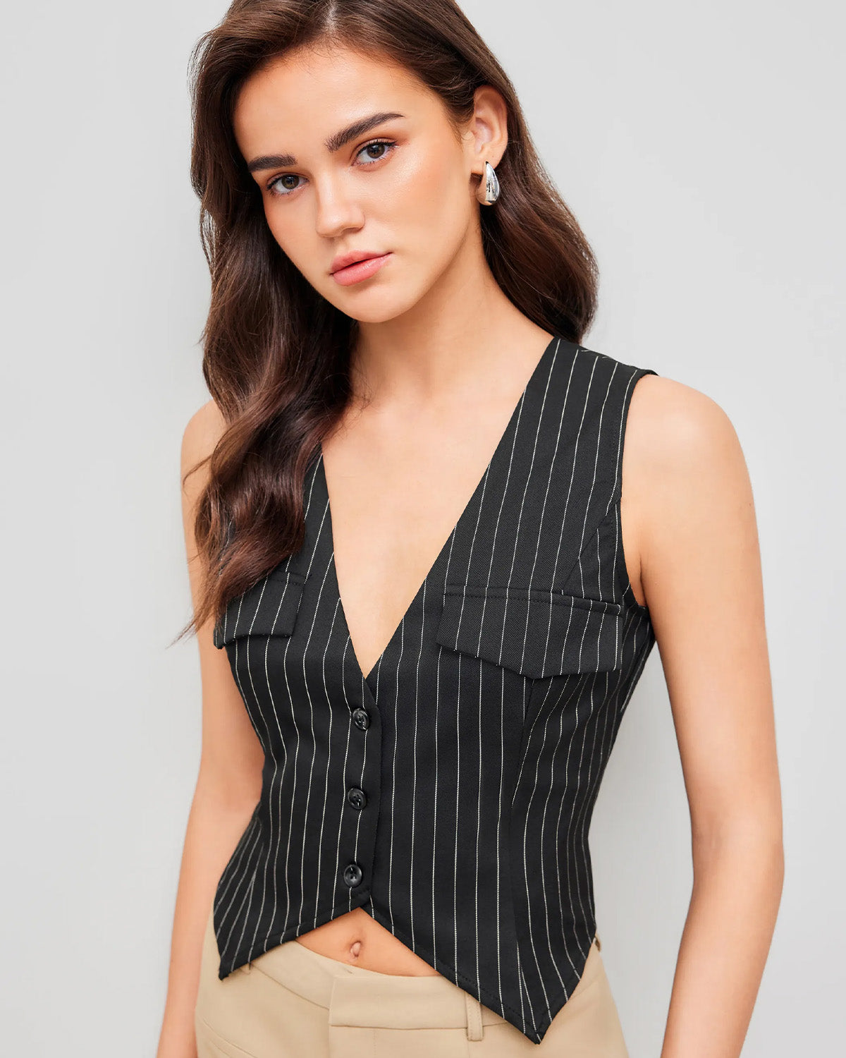 topwear,tops,formal, semi-formal,minimal, sophisticated, summer,woven,polycotton,black,stripe,button,slim fit,fitted,waist length,curved hem,v-neck,sleeveless, OY2001, 25060033GG