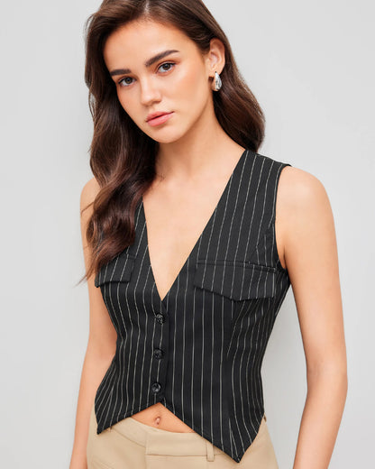 topwear,tops,formal, semi-formal,minimal, sophisticated, summer,woven,polycotton,black,stripe,button,slim fit,fitted,waist length,curved hem,v-neck,sleeveless, OY2001, 25060033GG