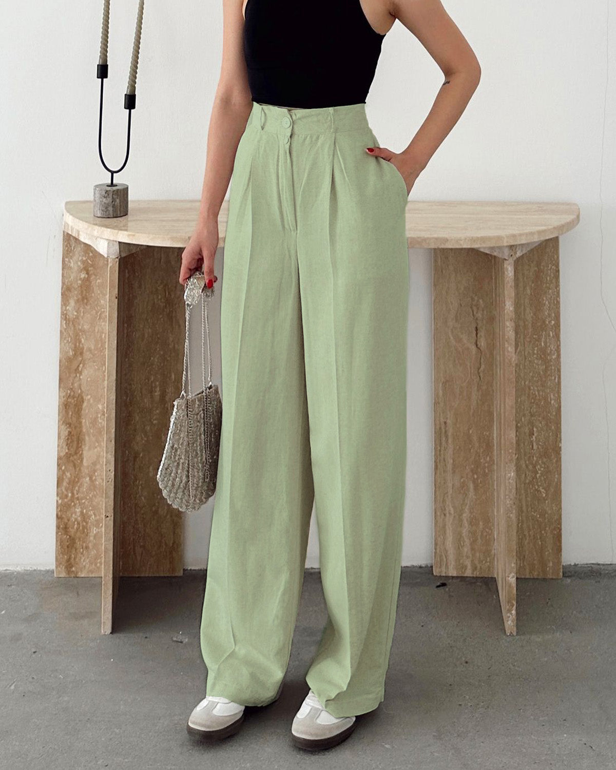 INVERTED PLEAT SOLID PANTS,Color: Pista
Fabric: 95% poly 5% spandex
Fit: Tailored Fit 
Length: Full Length (41")
Waist: High Rise 
Closure: Zip & Button
No. of Pockets: 2
Print: Solid,pants,bottomwear,pants,semi-formal,workwear,stretchable,polyester, spandex,pista,pleated,tailored fit,straight,full length,high rise