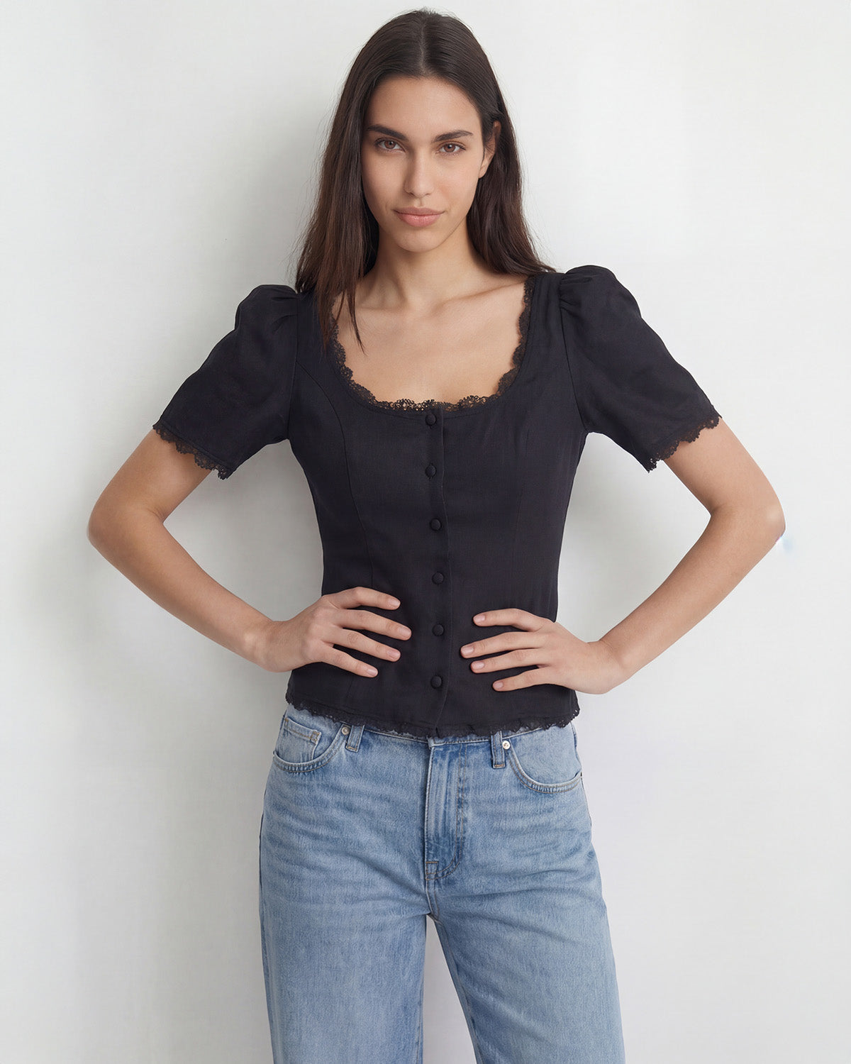 topwear,tops,casual, vacation, outdoor events,minimal, summer,woven,cotton,black,solid,lace,slim fit,fitted,waist length,scalloped hem,square neck,puff sleeves,short sleeves,OY1908, 25060008GG