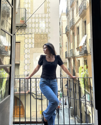 topwear,tops,casual, vacation, outdoor events,minimal, summer,woven,cotton,black,solid,lace,slim fit,fitted,waist length,scalloped hem,square neck,puff sleeves,short sleeves,OY1908, 25060008GG