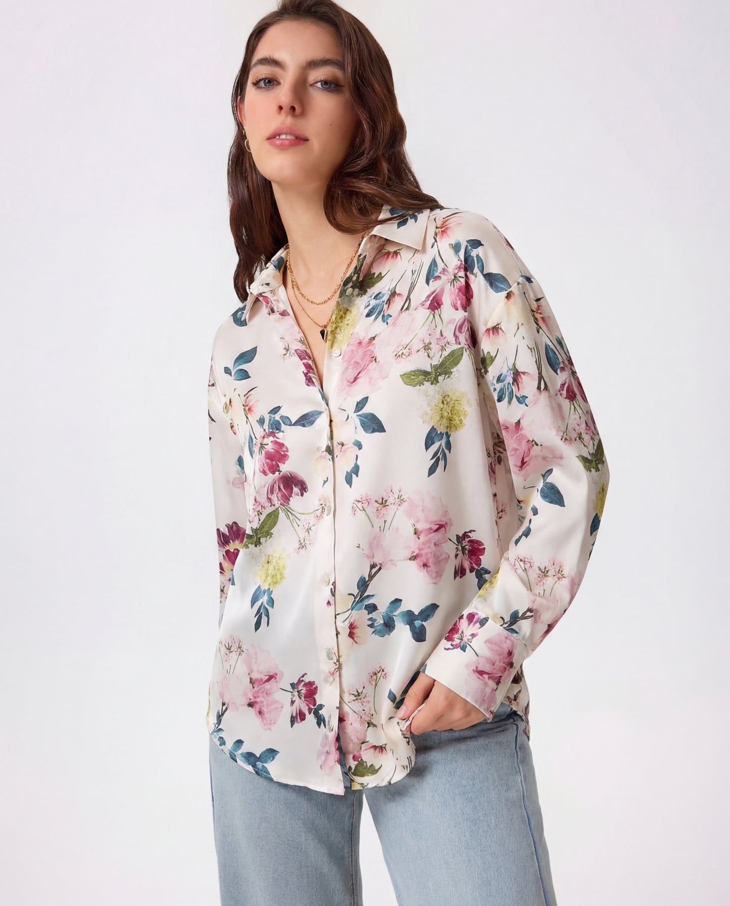White & Multicolor Florals Satin Shirt