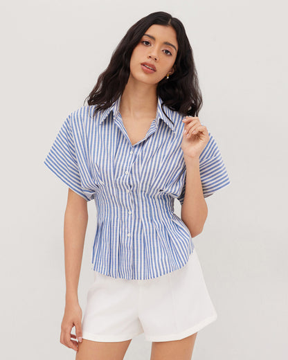topwear,tops,casual, outdoor events,minimal, summer, streetwear,woven,linen,printed,blue,color block, pinstripes,pleated, pinstripes,button,tailored fit,fit and flare,waist length,curved hem,shirt collar,batwing sleeve,short sleeves	25060048GG,OY2016