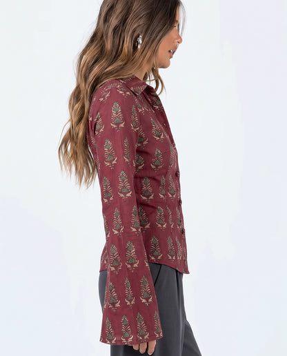 Handblock Print Deep Red Fitted Shirt