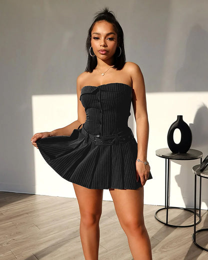 dresses,dresses,casual, outdoor event, statement,gen z, summer, streetwear,woven,poly cottonblack,pinstripe, stripes,pleated,butt,on,tailored fit,fit and flare,mini,straight hem,off shoulder neck,sleeveless,elasticized back	OY2008,25060040GG