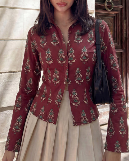 Heritage Print Fitted Shirt - Deep Red