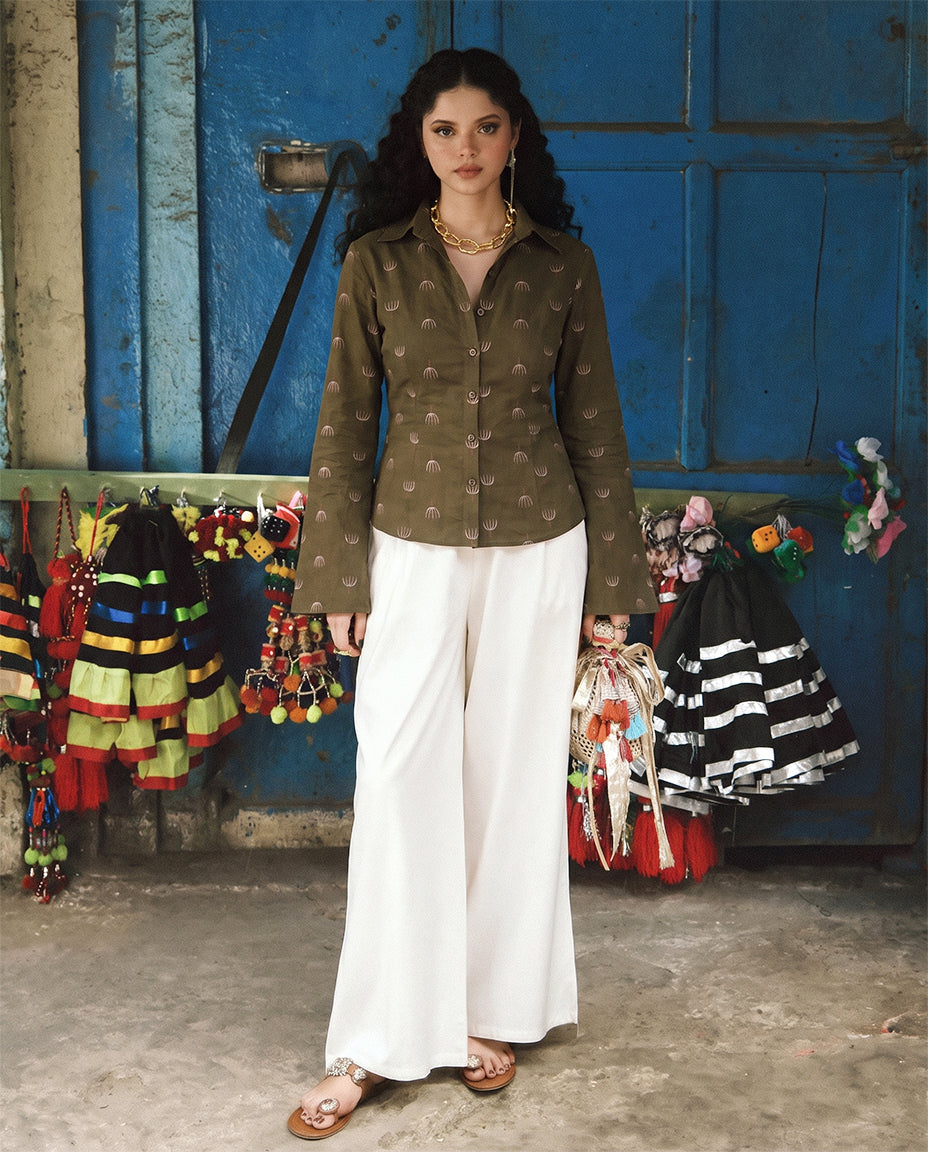 Olive Block Print Bell Sleeve Top