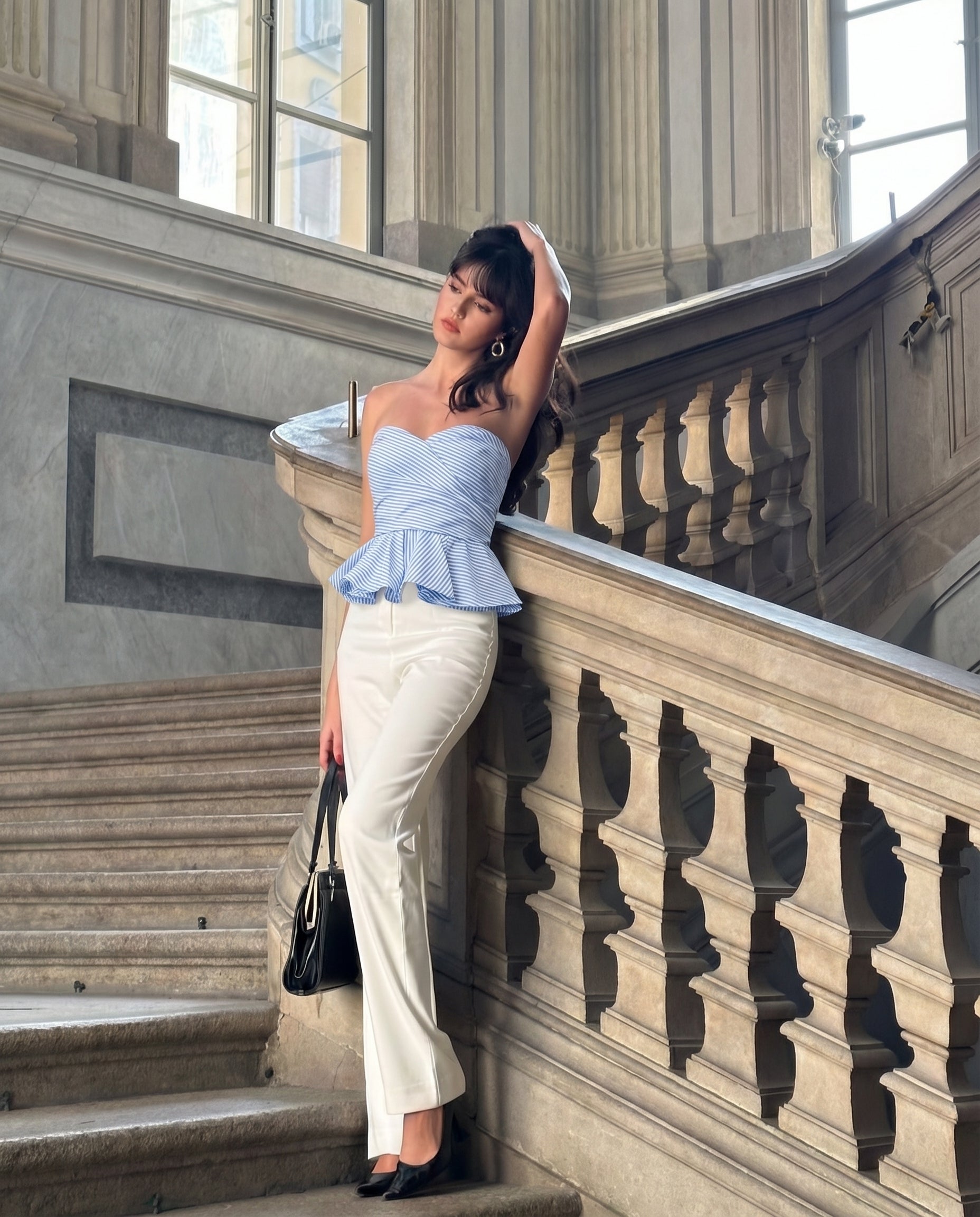 topwear,tops,casual, casual chic,gen z, glam, summer,woven,polycotton,printed,blue,stripes,color block,zipper,slim fit,bandeau,waist length,flared hem,off shoulder,no straps,no sleeves,sleeveless, OY2143, 25090042GG