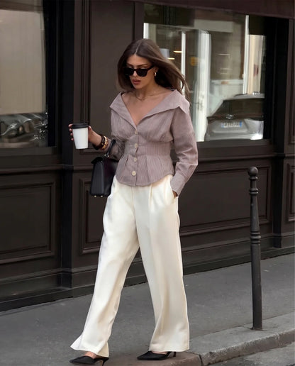 Brown Stripe Shirt With Cinched Waist