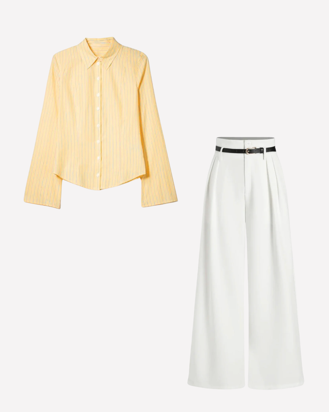 Butter Yellow Pinstripes Flared Shirt and White Pleated Pants with Belt