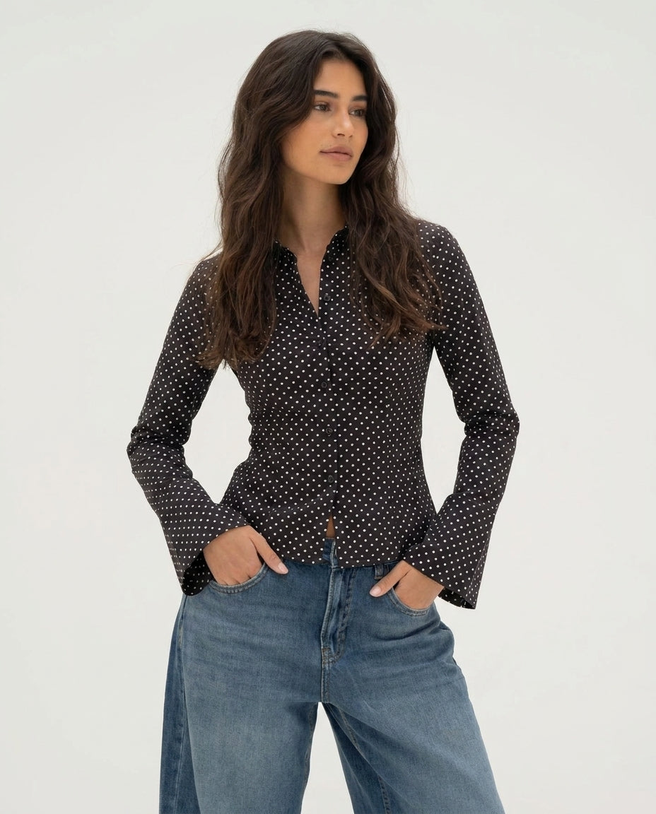 Polka Flared Sleeve Fitted Sleeve Shirt