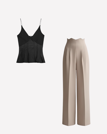 Black Spaghetti Cotton Top and Corset Waist Pleated Pants