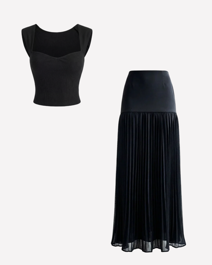 Sweet Heart Neckline Top and Black Fit & Flare Pleated Skirt