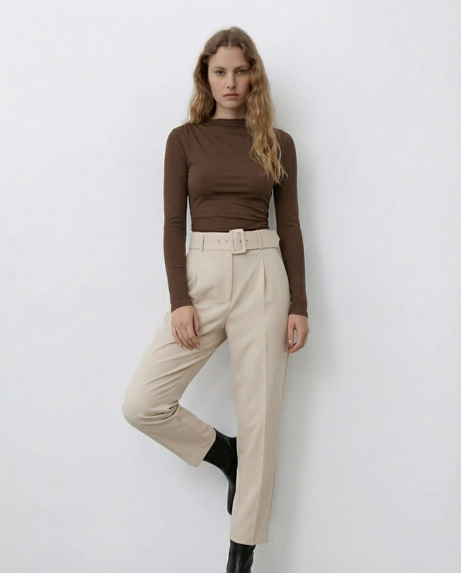 Brown Ribbed Bodysuit with Belted Tapered Pant Set
