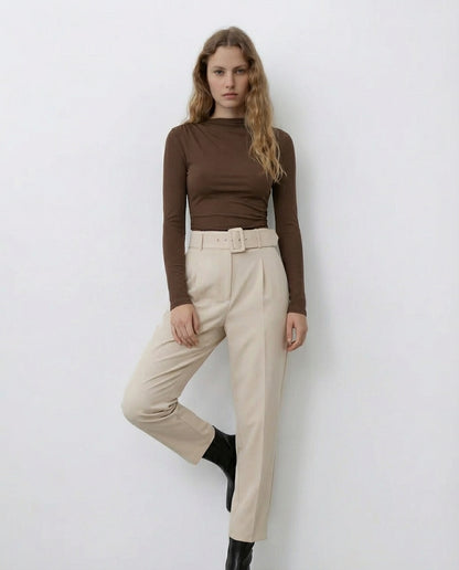 Brown Ribbed Bodysuit with Belted Tapered Pant Set