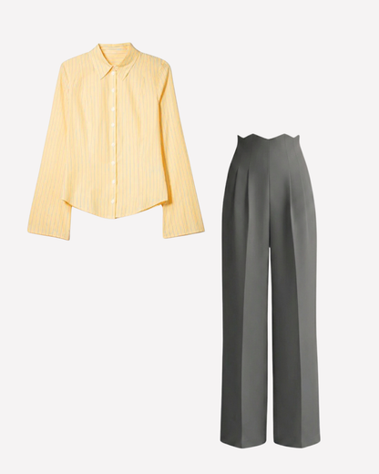 Butter Yellow Pinstripes Flared Shirt and Corset Waist Pleated pants