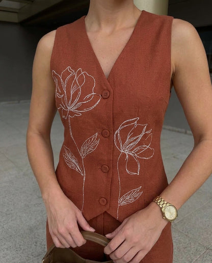 Floral Embroidery Top & Pants Co-Ord Set - Brown