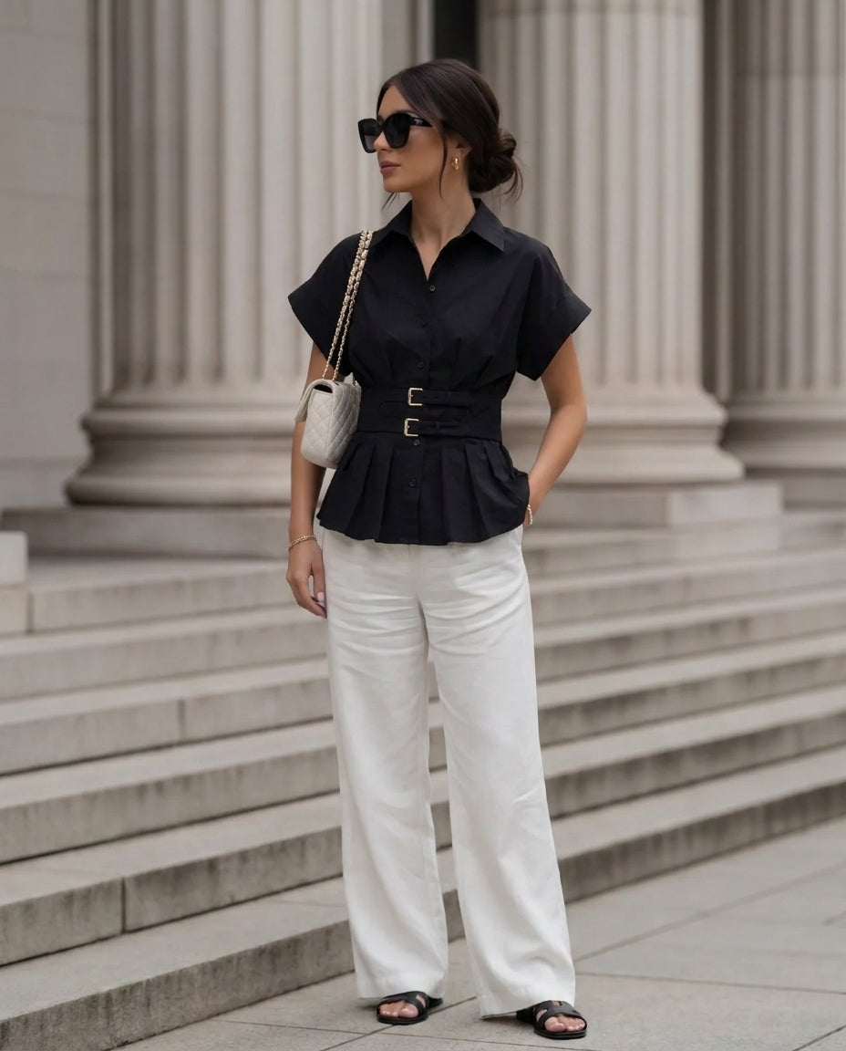 Black Pleated Double Belted Shirt