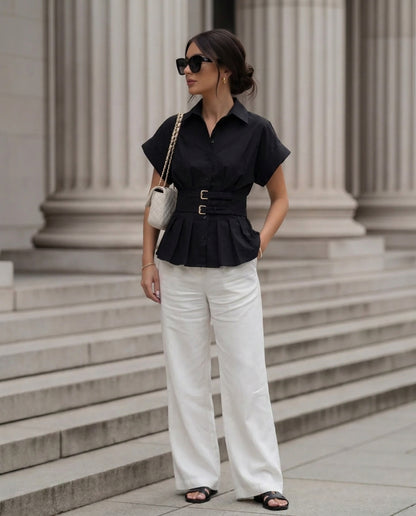 Black Pleated Double Belted Shirt