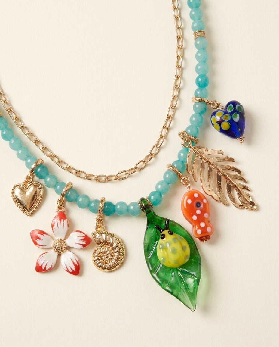 Teal Layered Charm Necklace
