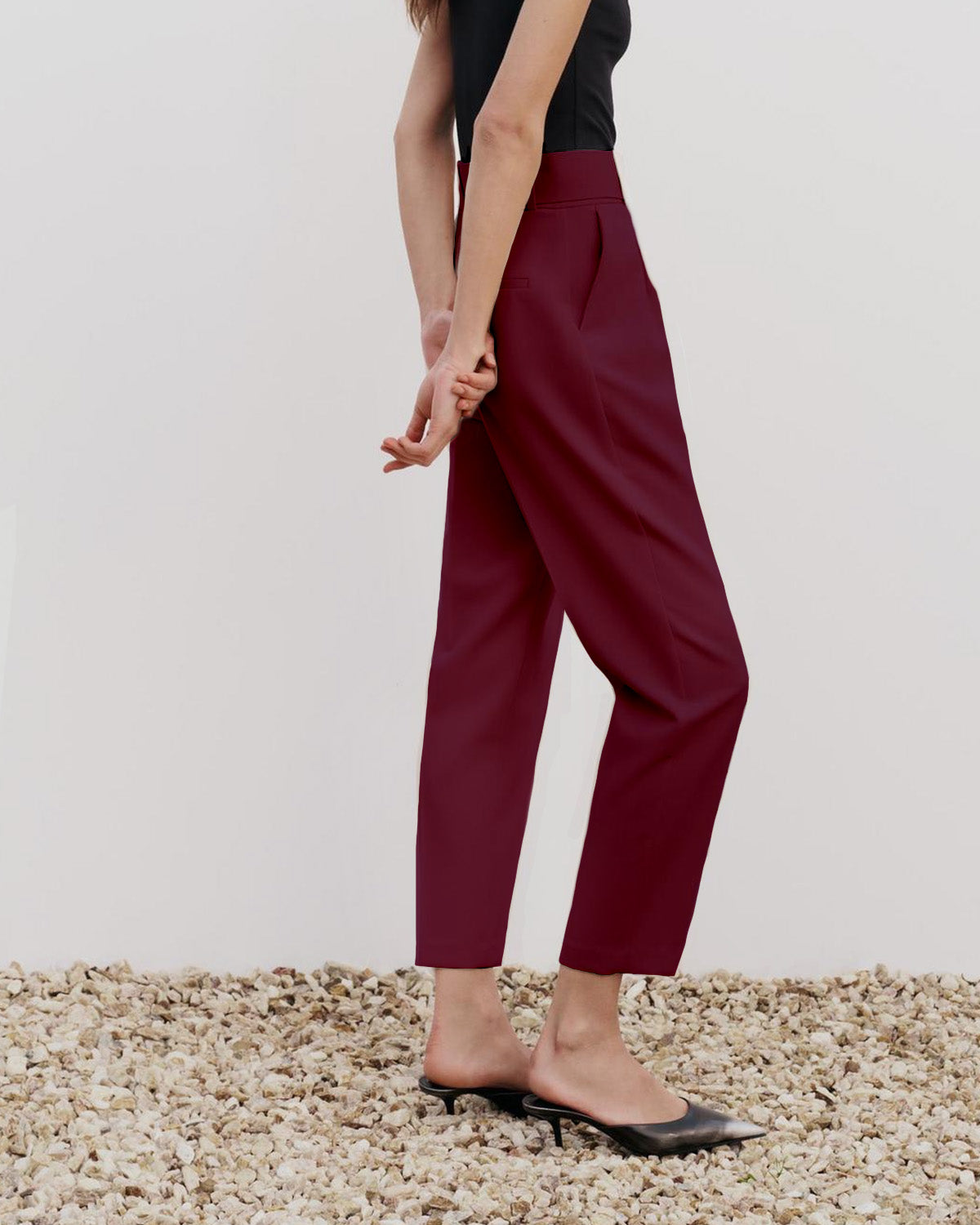 bottomwear,pants,formal, semi-formal,business outfit, urban fit, workwear,woven,polyester, spandex,maroon,pleated,belt,tailored fit,tapered,full lengthhig, h rise	25010046GG, OY942