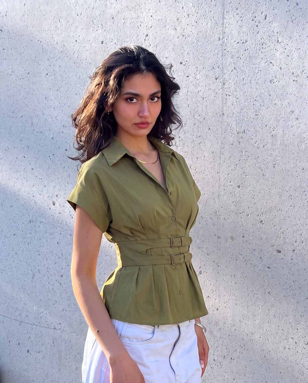 Olive Pleated Belted Shirt