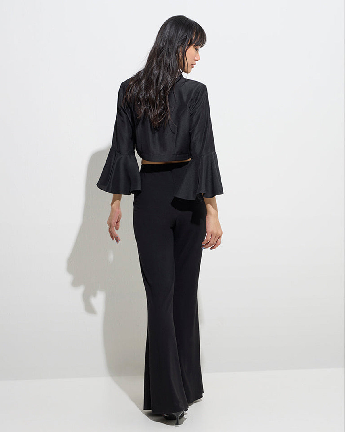 coord sets,bottomwear, topwear,party, outdoor events,festive, glam, indo western, minimal, soft girl,woven,santoon,embroidered,black,solid,panelling,bead, rhinestone,regular fit top,crop top,crop top,flared hem,lapel collar,no straps,flounce sleeve,three quarter sleeves,button up,pants,panelled flare pants,full length,flared hem,mid rise waist,OY3031, 25070058GG