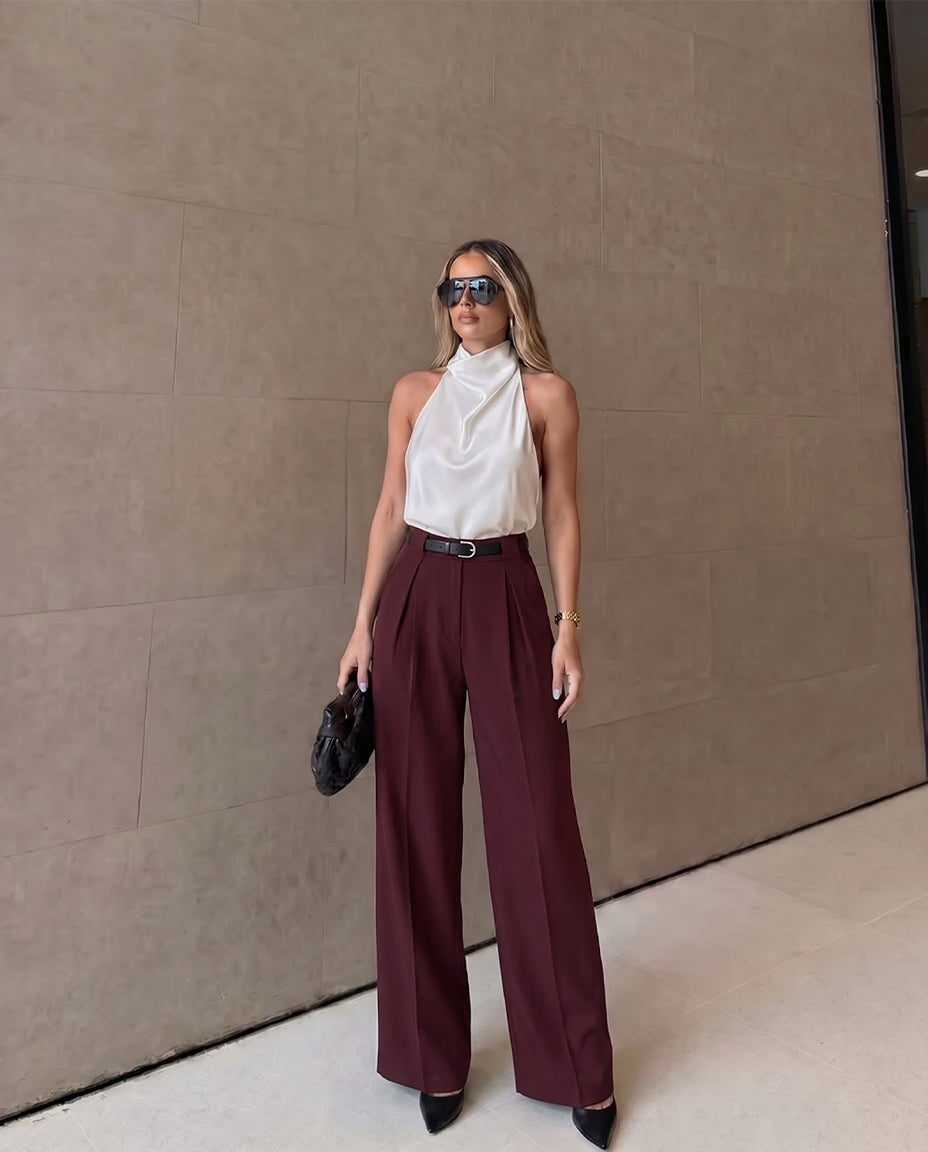 Pleated Pants With Belt- Maroon