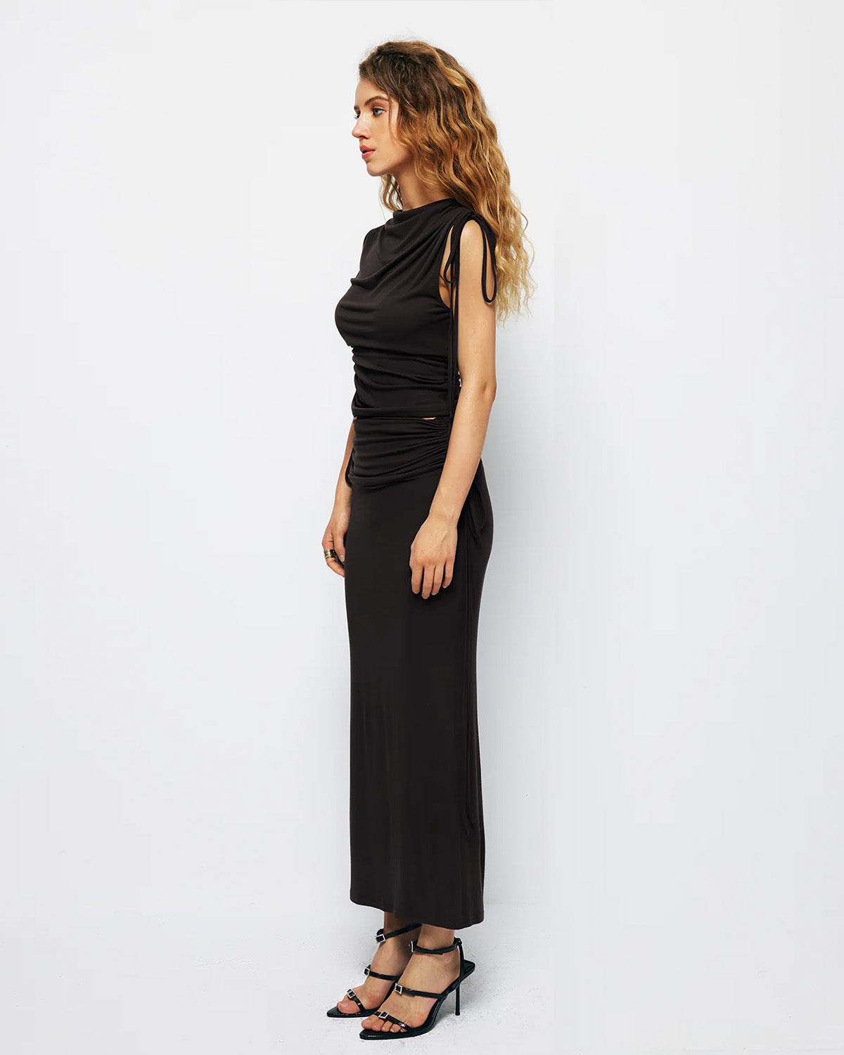 coord sets,bottomwear, topwear,casual, vacation, outdoors, summer,urban fit, genz, minimal,knitted,polyester, spandex,,,black,solid,ruching,drawstring,slim fit top,ruched top,longline top,straight hem,crew neck,no straps,sleeveless,sleeveless,slip on top,skirts,pencil skirt,full length,straight hem,mid rise waist,no pockets,OY3040, 25070013GG
