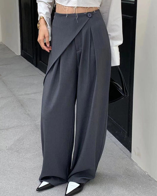 bottomwear,pants,semi-formal,summer, streetwear,woven,polyester,NA,grey,pleated,NA,relaxed fit,wide leg,full length,NA,high rise