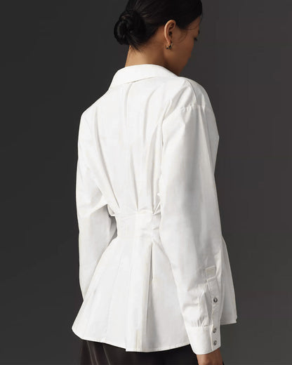 topwear,tops, shirts,casual chic, semi-formal,gen z, millenial, minimal, summer,woven,poplin, cream,solid,pleated,buckle, button,tailored fit,shirt,waist length,flared hem,shirt collar,no straps,set in sleeves,long sleeves, OY2123	25090032GG