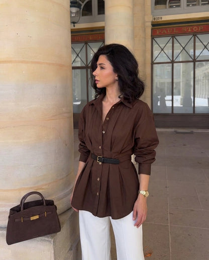 Button Down Belted Shirt -Chocolate Brown