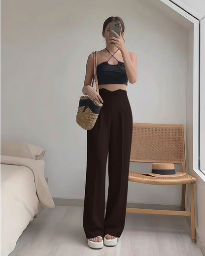 bottomwear,pants,semi-formal,business outfit,stretchable,polyester, spandex, dark brown, pleated,straight fit,straight,full length,high rise, OY956,, 25090069GG