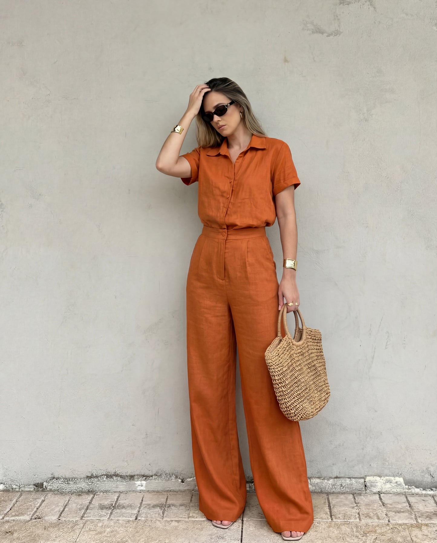 Collared Shirt & Tailored Pants Co-Ord Set Rust Orange