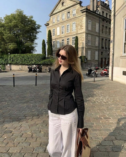 Black Buttoned Flared Hem Shirt