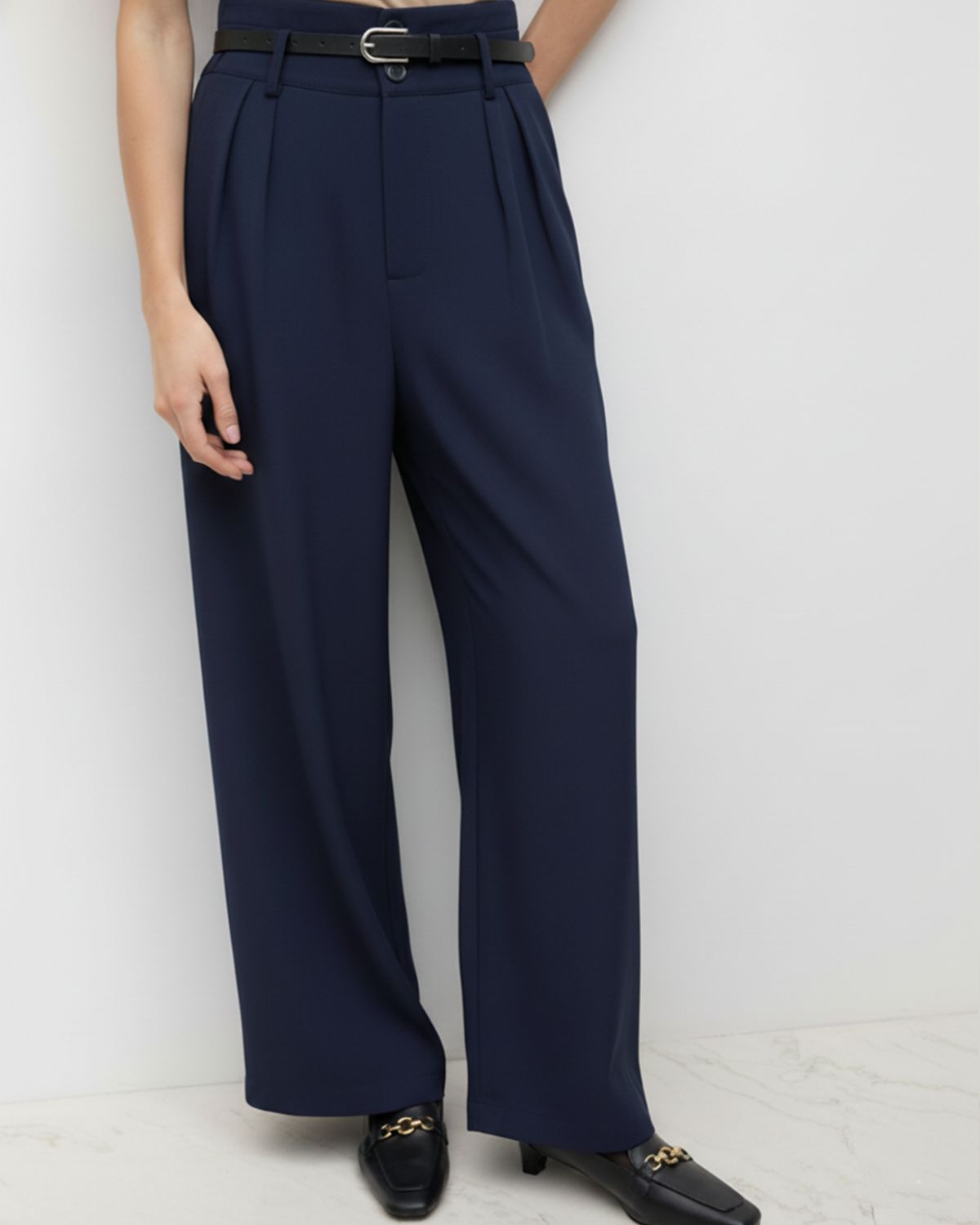 bottomwear,pants,semi-formal,business outfit,stretchable,polyester, spandex,navy blue,pleated,tailored fit,wide leg,full length,high rise, OY-959- NAVY, 25090075GG